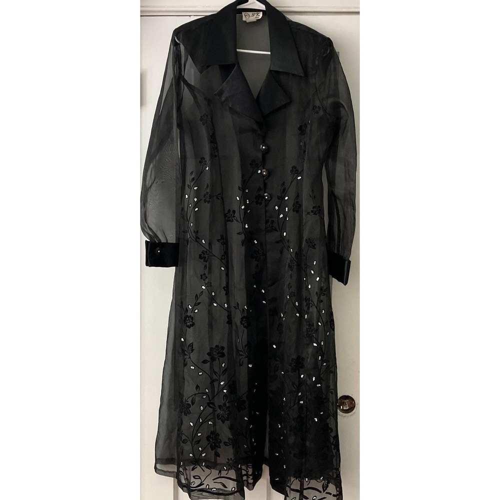 Vintage 3K Fashion Black Sheer Long Jacket  With Rhinestones, Shoulde Pad large